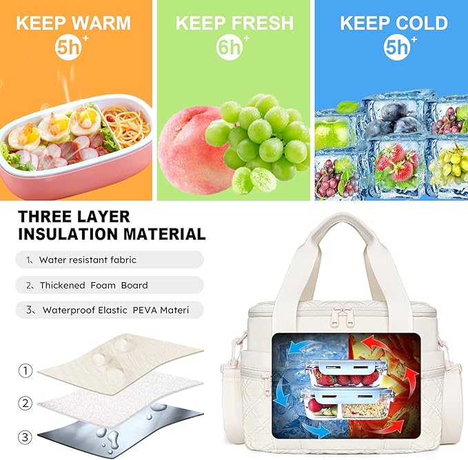 NOL Natural Organic Lifestyle Women's Nylon Lunch Cooler Cute Quilted Lunch Bag Large Leakproof Insulated Lunch Tote Bag for Work Picnic Travel,Cream