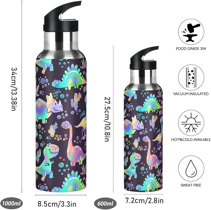 senya 20 Oz Water Bottle with Straw Rainbow Dinosaurs Stainless Steel Water Bottle for Traveling Sports Leakproof Insulated Water Bottle