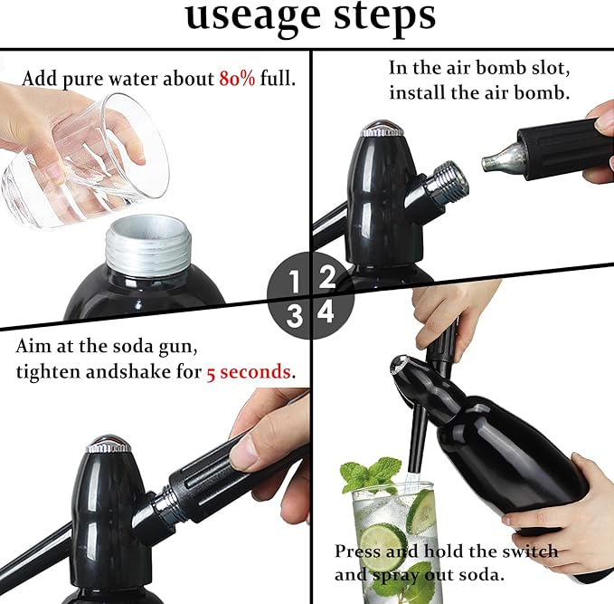 1L Portable Soda Siphon – Aluminum Home Soda Maker, Black Vintage Seltzer Bottle for DIY Carbonated Drinks, Sparkling Water Maker for Healthy Cocktails, Use 8 gram CO2 Cartridges (Not Included)