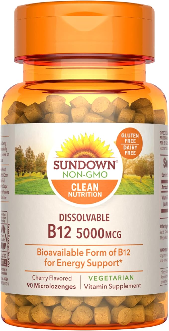 Sundown Dissolvable B12 5000mcg (as Methylcobalamin), Supports Cellular Energy, Vegetarian, Cherry Flavored, 90 Microlozenges