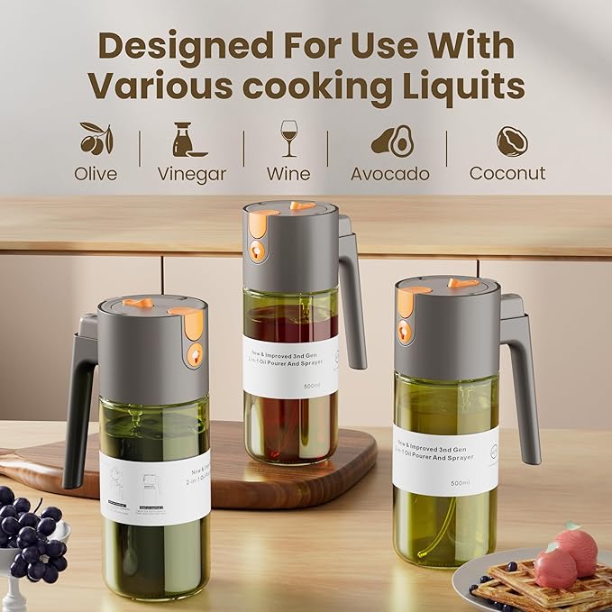 Upgrade 2 in 1 Oil Sprayer for Cooking, Olive Oil Dispenser Bottle for Kitchen Gadgets with Stickers, 17oz/500ml Food Grade Light-Blocking Glass Spray Bottle for Salad, Air Fryer, BBQ