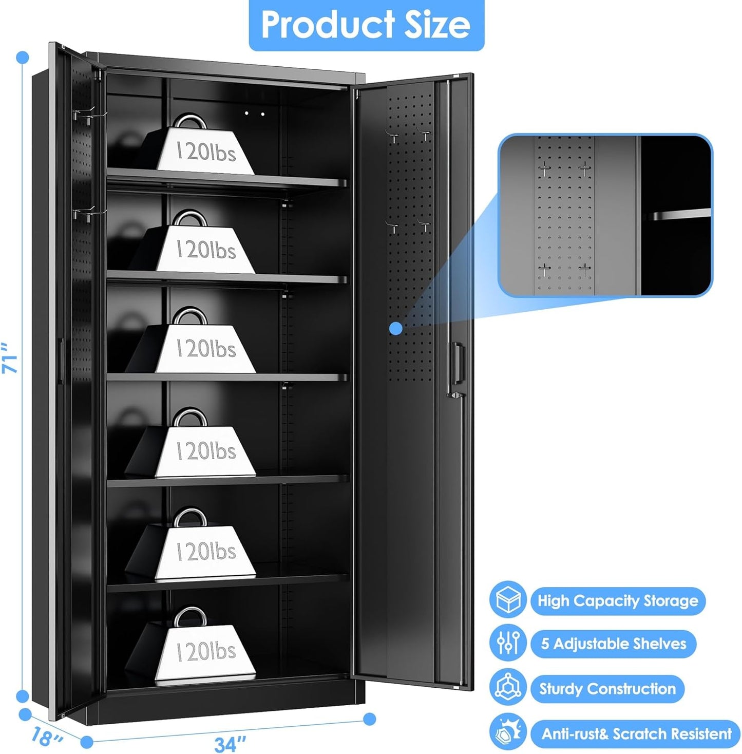 Metal Storage Cabinet, 71" H×34" W×18" D Garage Storage Cabinet with Pegboard, 5 Adjustable Shelves and 2 Doors for Garage Home Office, Lockable File Cabinet, Black, Assembly Required