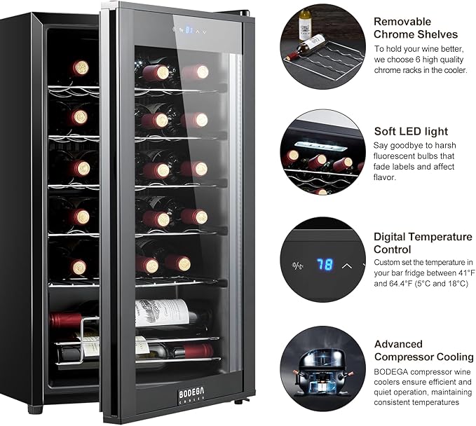 BODEGACOOLER 24 Bottle Mini Fridge for Bedroom, Compressor Wine Cooler Refrigerator for Home and Kitchen, Wine Cooler with Digital Temperature Control & Double-layer Glass Door for Wine, Champagne.