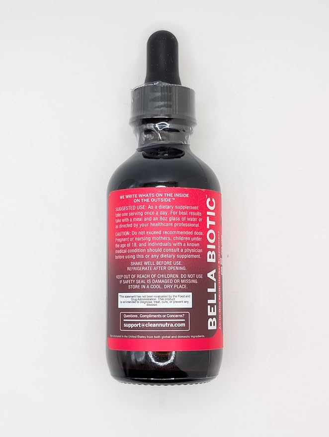 Liquid Probiotics for Women Drops with Chasteberry, Black Cohosh, Prebiotics, Digestive Enzymes, Evening Primrose Oil, Wild Yam, Cranberry Dmannose and Iron Vitamin D3 K2 Clean Nutra Bella Biotics