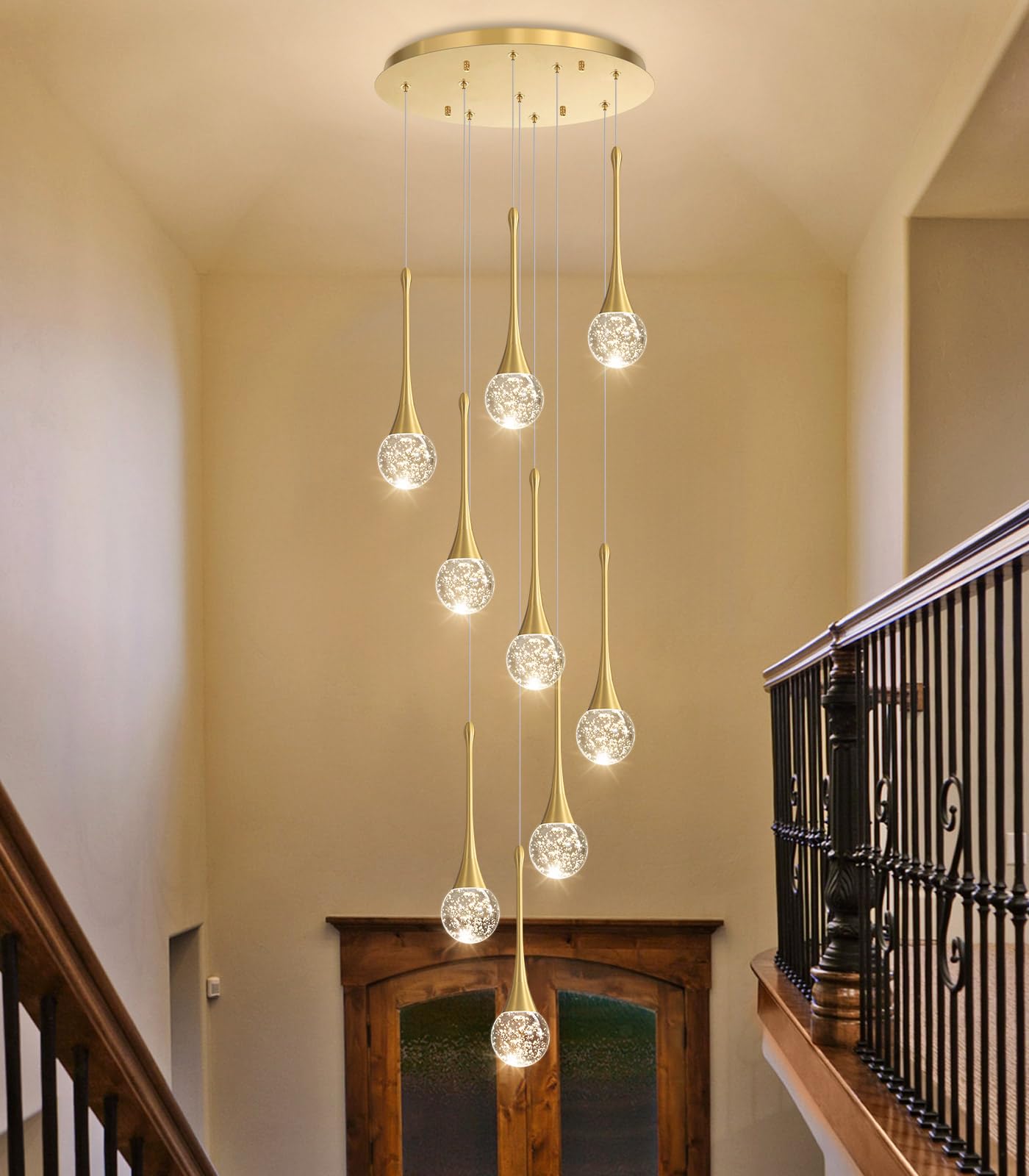 9 Light Modern Glam Crystal Chandelier For High Ceiling Led Dimmable Ceiling Pendant Light Staircase Foyer Enterway Living Room Chandelier Lighting Antique Gold