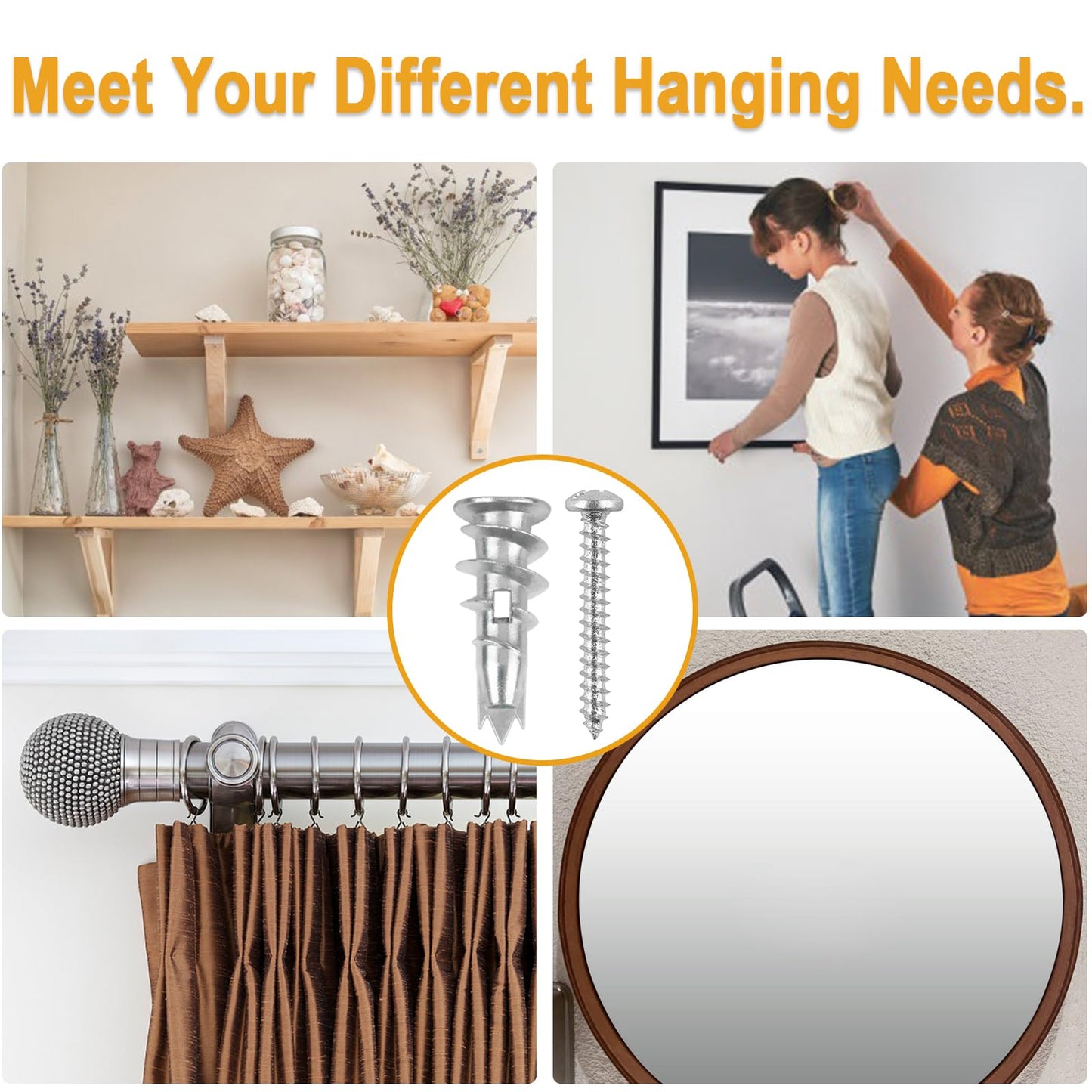 KURUI Metal Self Drilling Drywall Anchors, 116PCs Shatter-Resistant Wall Anchors and Screws Kit, 58 Heavy Duty Sheetrock Anchors + 58#6 x 1-1/4'' Screws, Zinc Hollow Dry Wall Anchors 50LB Hanging