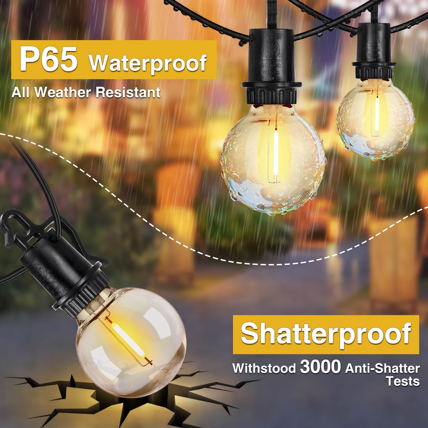 ZJOJO Outdoor String Lights, 100FT with 50 Shatterproof LED Bulbs, IP65 Waterproof, Black, Model GYPC-O50LAU