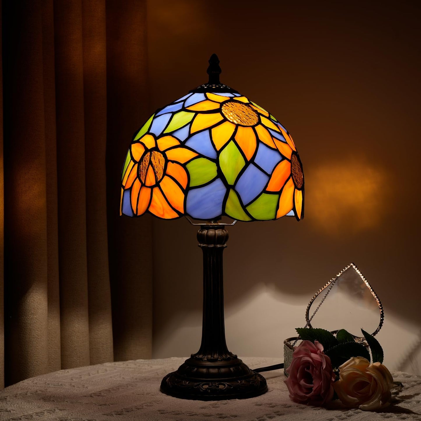 Wecrejoni Tiffany Lamp Bedside Table Lamp-Nightstand Stained Glass Lamp For Bedroom Dorm Living Kitchen  Aesthetic Cute Home Decor Gift (Blue Background Sunflower)