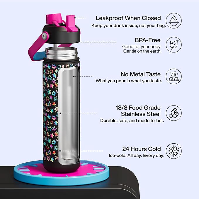ENCOOL Insulated Water Bottle with Straw Stainless Steel Water Bottle, Leak-Proof, BPA-Free, Double Wall Vacuum Keeps Cold for 24 Hours for Sports, Travel, School (26 oz, Neon Starfall)