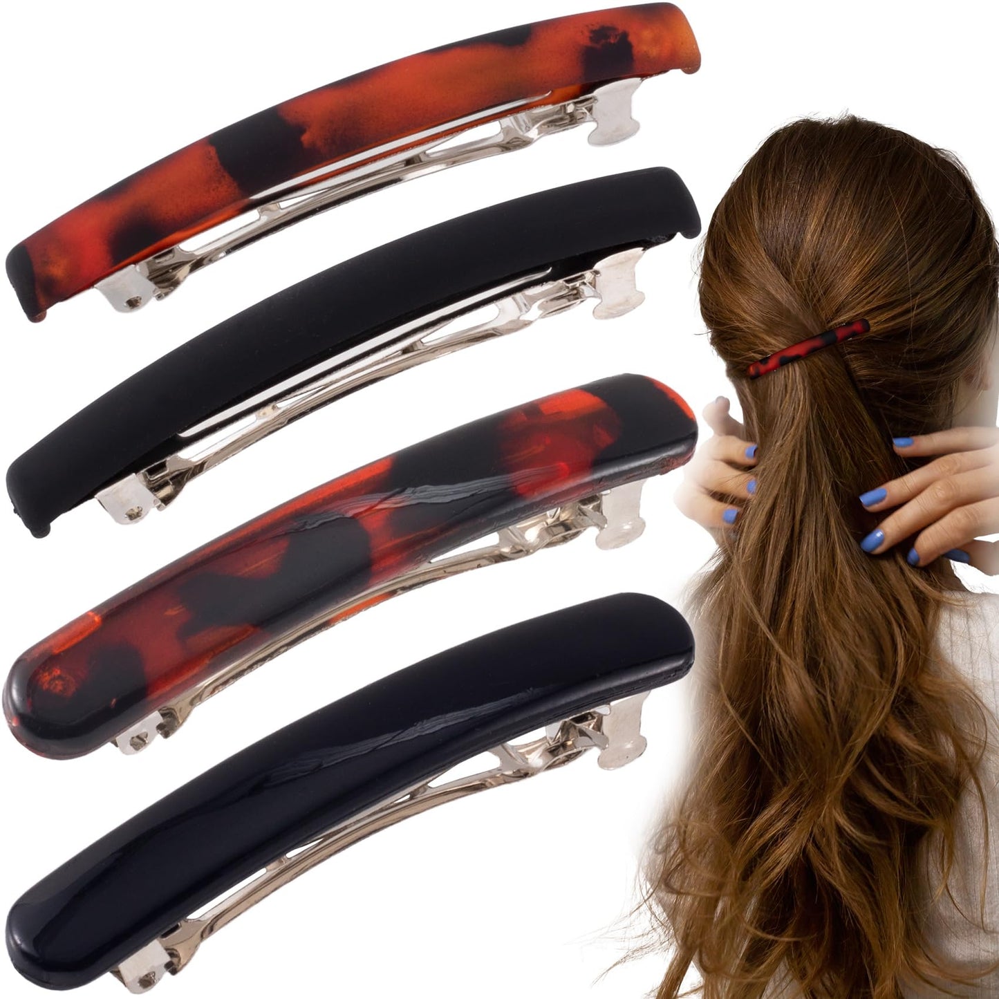 STSTR 4PCS French Barrette Hair Clips for Women, 2 Styles Small Tortoise Shell Hair Clip, Curved Glossy/Frosted Thin Hair Flat H