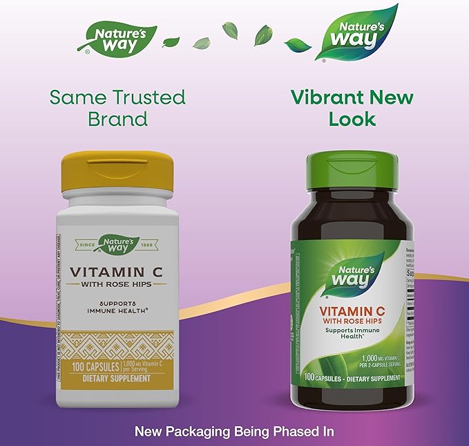 Nature's Way Vitamin C with Rose HIPS, Powerful Antioxidant & Immune Function Support from Vitamin C*, Promotes Collagen for Healthy Skin*, 1,000 mg Vitamin C, 100 Capsules (Packaging May Vary)