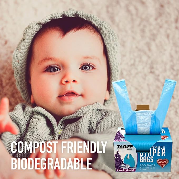 Baby Disposable Diaper Bags Scented with Lavender - Odor Absorber Biodegradable Plastic Diaper Sacks for Trash Bag Essential Items - Bags for Dirty Diapers - Refill 200 Count (Blue)