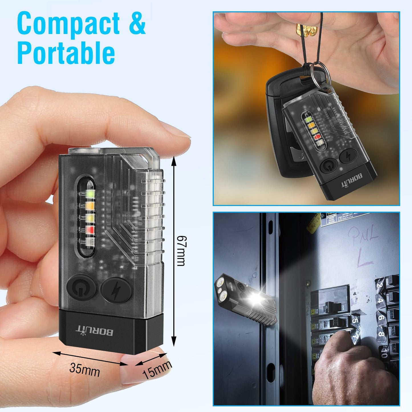 BORUIT V10 Keychain Flashlight, 1000 LM, USB C Rechargeable, 14 Modes, 67*35*15mm, Polycarbonate, Black
