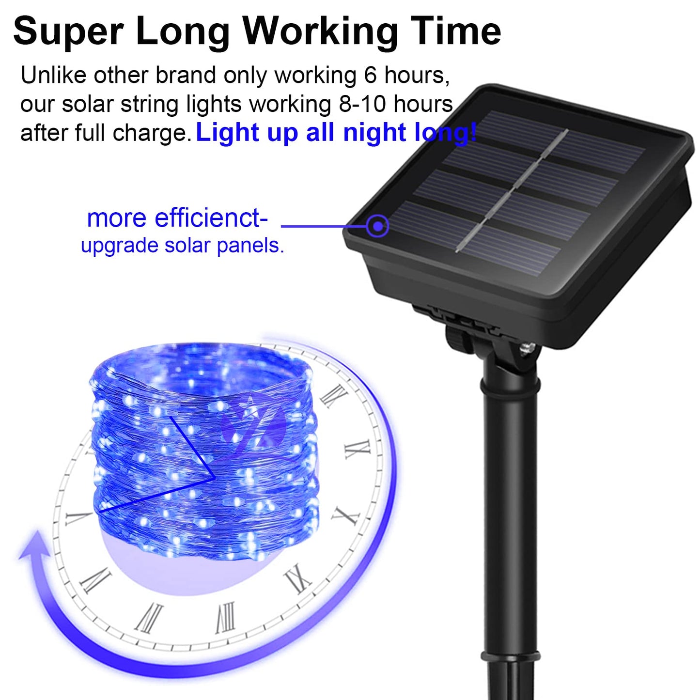 YAOZHOU Solar Christmas String Lights, 200 LED, 66Ft, 8 Modes, Waterproof, Blue, 2 Pack, Model YZ001