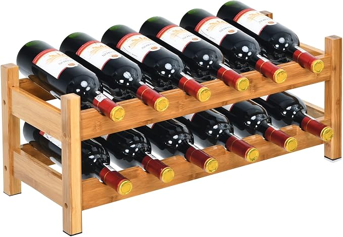 COSTWAY Wine Rack, Bamboo 12 Bottles 2-Tier Wine Display Rack for Countertop Home Kitchen Pantry, Freestanding Wine Storage, Rack Tabletop Wine Rack, Bar, Pantry, Cellar, Nature (24.5L x 9.5W x 10H)