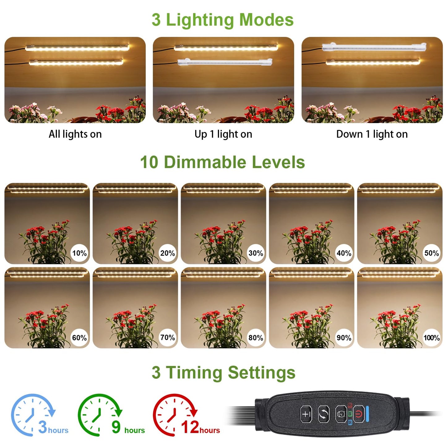 JhauvMw LED Grow Light Strips, Full Spectrum 3500K, 2 Head, Timer, Dimmable, Aluminum, 1-Pack