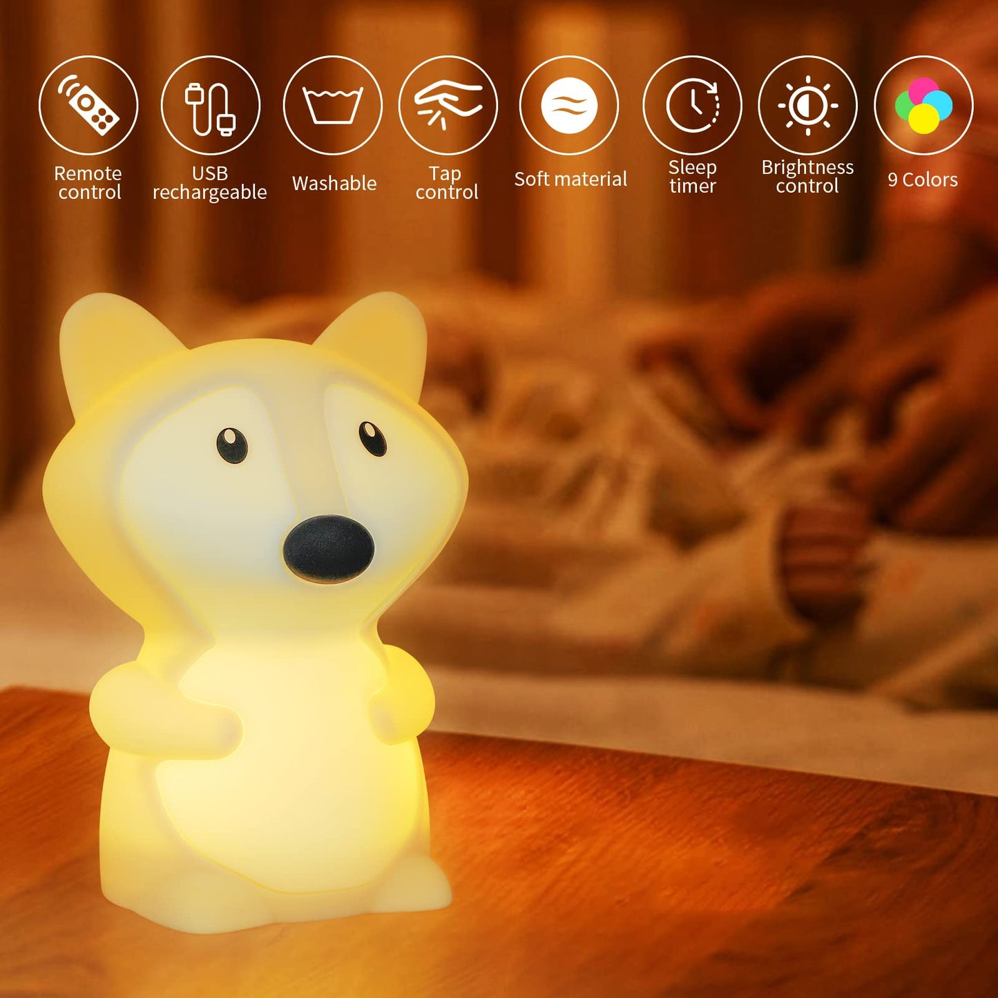 Shaarkmango Led Night Light - Portable Kids Desk Lamp, 9 Colors, Dimmable, Rechargeable, Soft Silicone, Fox Night Light
