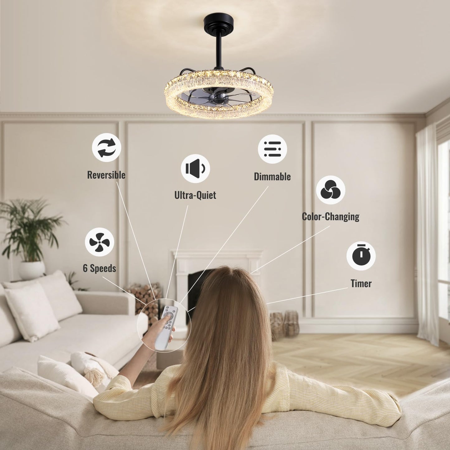 Crossio Crystal Ceiling Fan With Lights And Remote Control, 20 Low Profile Flush Mount Ceiling Fan, 6 Speeds, 3000-6000K Dimma