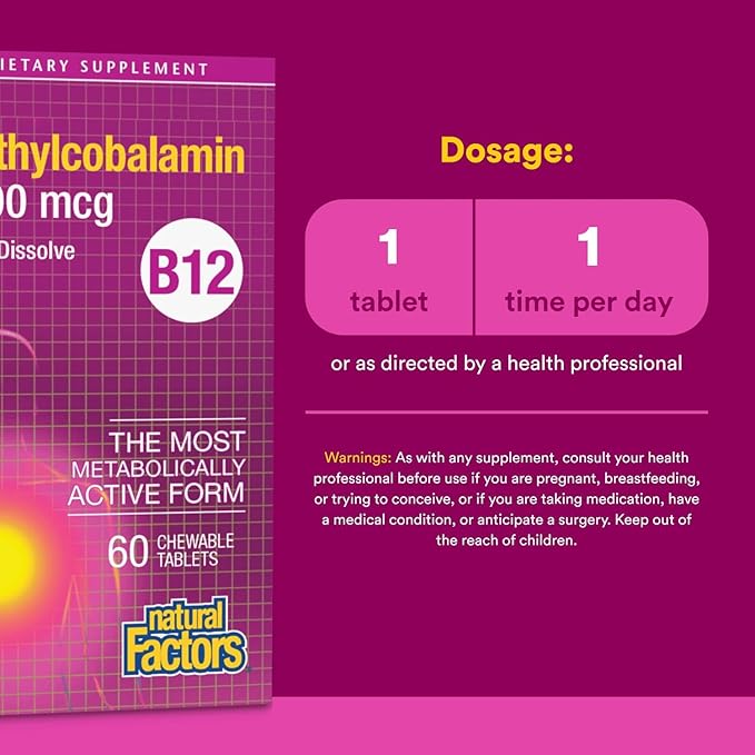 Natural Factors, Vitamin B12 Methylcobalamin 5000 mcg, Chewable Support for Energy and Immune Health, Vegetarian, 60 tablets (60 servings)