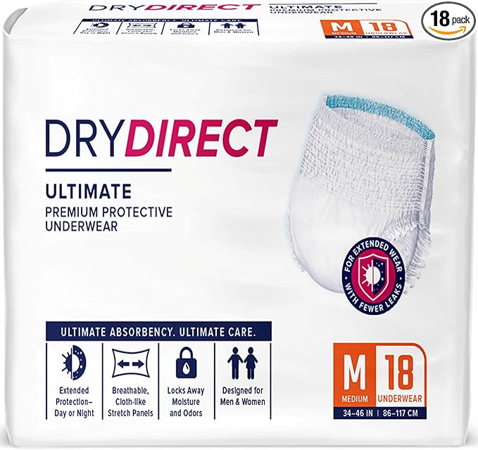 Dry Direct Ultimate Underwear, Made-in-USA Adult Diapers, Max Absorbency Disposable Incontinence Protection - Medium (Pack of 18)