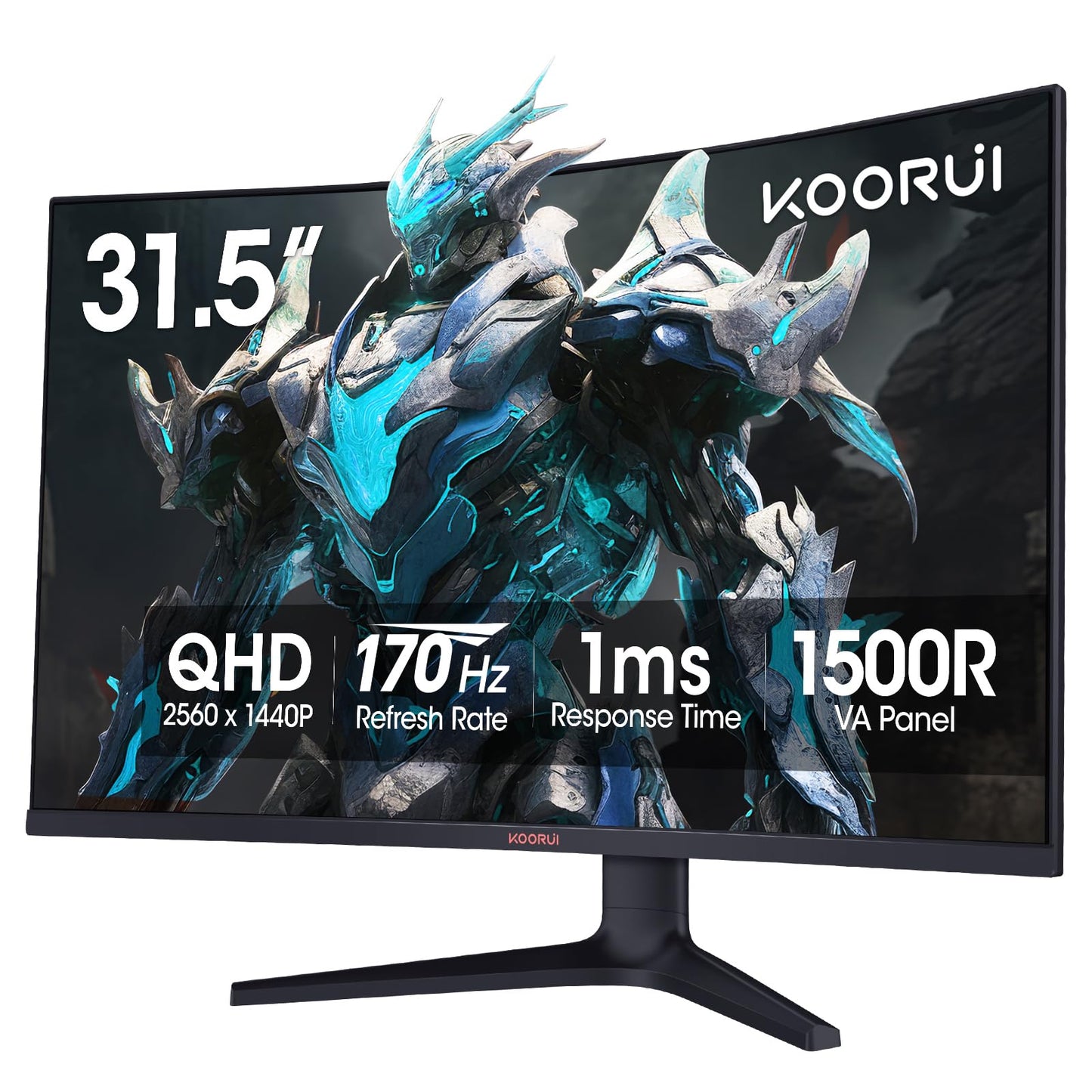 KOORUI 32 inch Curved Gaming Monitor - QHD (2560 x 1440) 2K Display, 170Hz 144Hz Monitor, 1500R Curvature, 1ms, HDR10, Adaptive Sync, Tilt Adjustable, DisplayPort HDMI, Black - 32E6QC