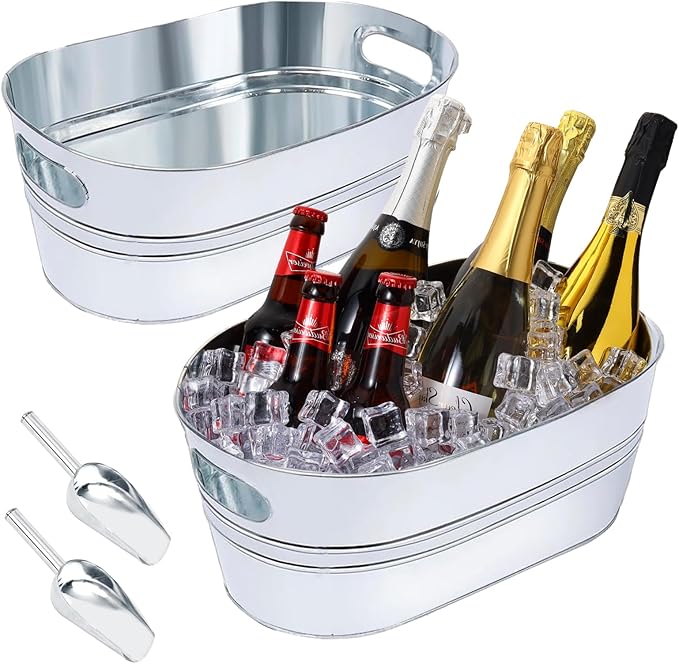 2 Pack Galvanized Ice Bucket 4 Gallon Galvanized Tub Ice Bucket for Parties Metal Beverage Buckets with Handles Wine Beer ...