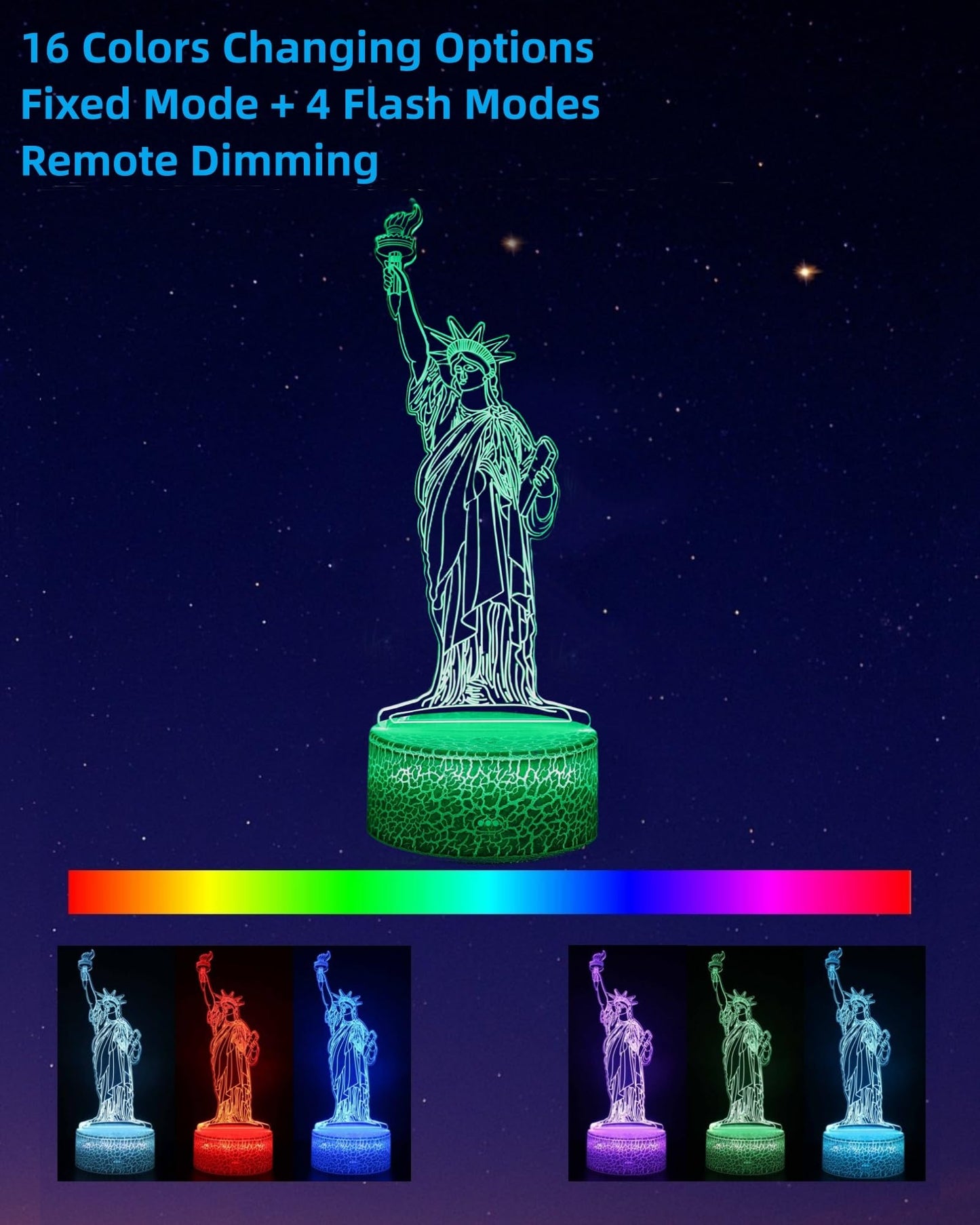 Kenmaca 3D Illusion Lamp - Statue of Liberty Night Light, 16 Colors, Dimmable, Touch & Remote Control, Model LKNW316