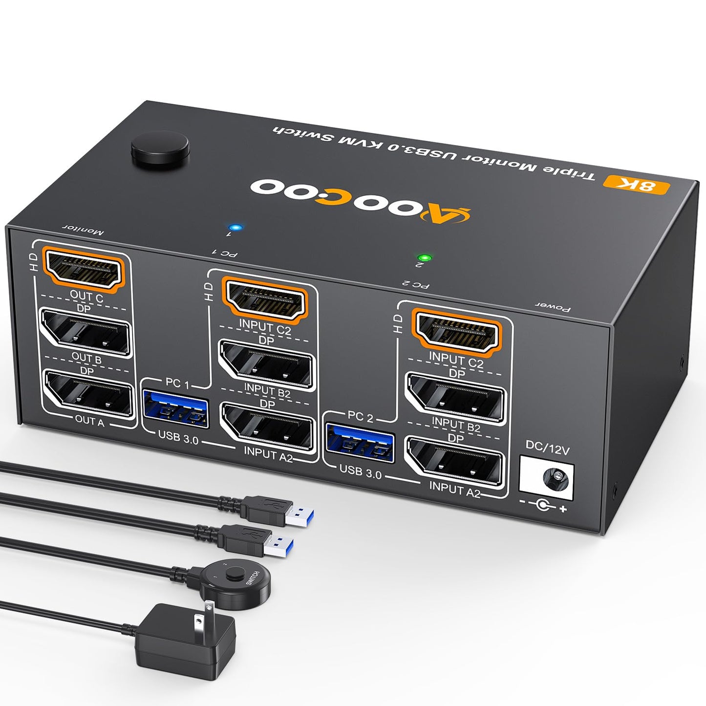8K@60Hz HDMI Displayport KVM Switch 3 Monitors 2 Computers 4K@144Hz Triple Monitor KVM Switches with USB 3.0 Port,Wired Remote,Power Adapter and USB3.0 Cables Included(2 PC 3 Monitor 8K DP HDMI KVM)
