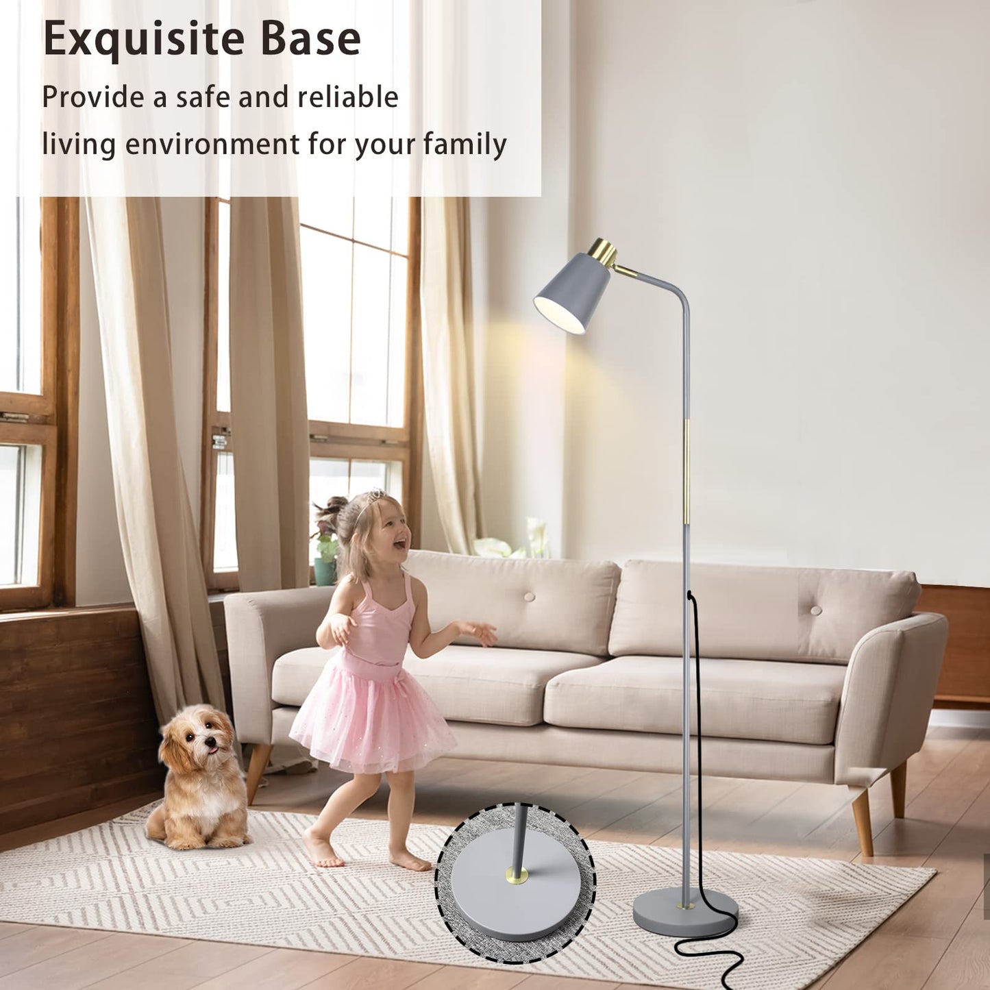 LALISU Industrial Floor Lamp - Adjustable Metal Heads, Rustic Farmhouse Design, Gray, Ideal for Living Room & Bedroom Décor