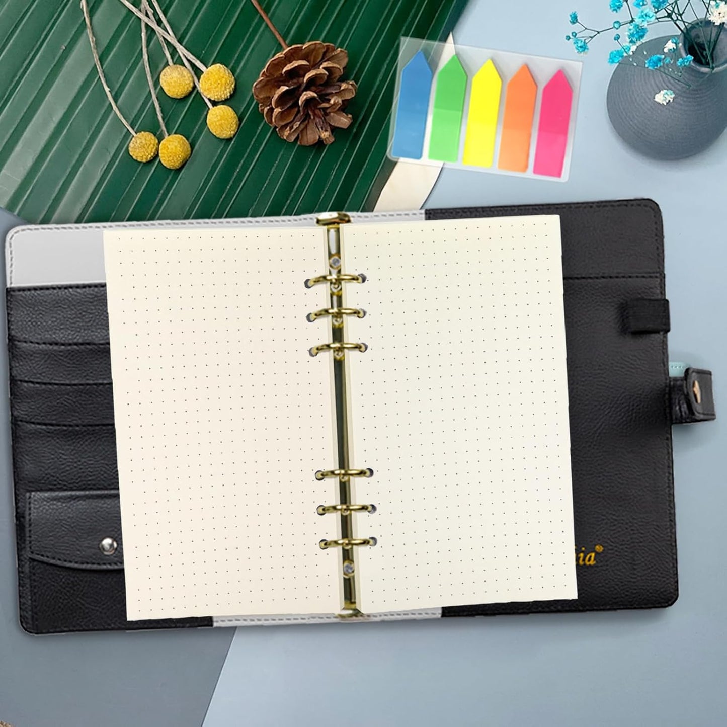 Harphia A6 6 Holes Binder Refill Value Set, 90sheets dotted loose leaf paper with stickers and dividers, planner inserts with binder pockets for A6 binder 6 holes refillable notebook,005dA6dot