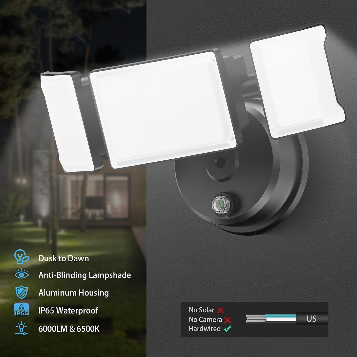 Olafus 60W Flood Light, IP65 Waterproof, 6000LM, Dusk to Dawn Outdoor Lighting, Black, Model BDB50D-3
