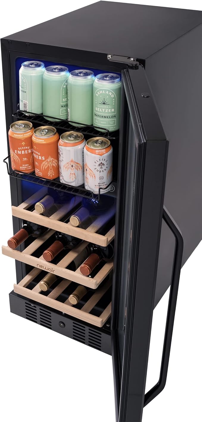 NewAir 15" Wine and Beverage Refrigerator 9 Bottle and 48 Can Capacity, Beverage Cooler in Stainless Steel, Built-in or Freestanding Dual Zone Drink Fridge with Triple-Pane Glass Door