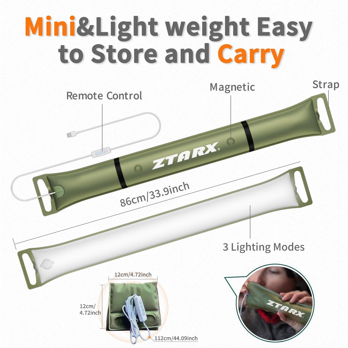 Ztarx Inflatable Camping Light  34 Expandable Tent Lantern  4 Lighting Modes  Ip66 Waterproof  Portable Plug-In Tube Light For Outdoor  Hiking  Emergencies