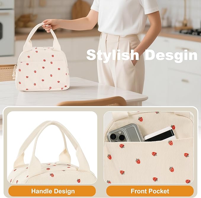 Lunch Bag for Women Mini Strawberry Insulated Lunch Box Reusable Cooler Bag Portable Cute Corduroy Leakproof Tote Bags for Travel, Work, and Picnic