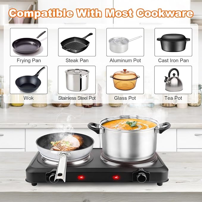 Double Burner Infrared Electric Cooktop, 2000W Double Burner Hot Plates for Countertop with 7.5” & 6.3” Glass Cooktop, Stepless Temperature Adjustments for Home RV Camping