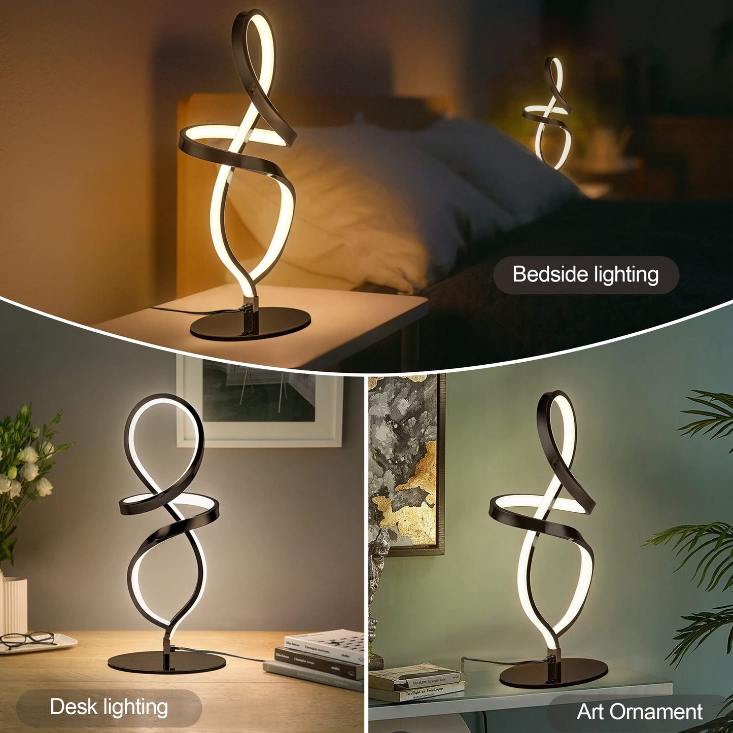 Mayful Modern LED Spiral Table Lamp, 12W, 3200K Warm White, Black Aluminum, Model 6606-1TB-A08