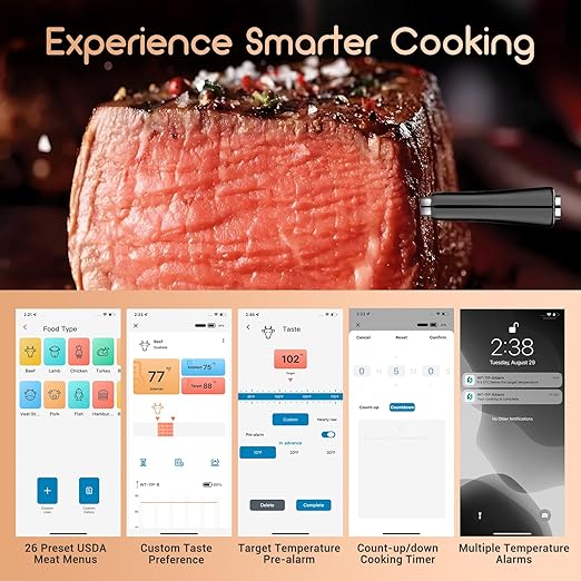 INKBIRD Wireless Meat Thermometer INT-11P-B, Bluetooth Meat Thermometer Wireless for Grilling Smoking, IP67 Waterproof Smart Meat Probe for BBQ Grill Smoker Rotisserie Rechargeable Box Gifts for Men