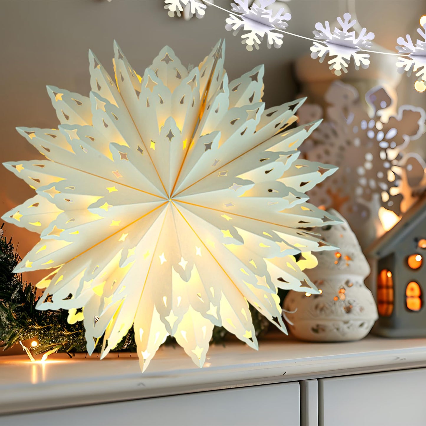 Christmas Snowflake Paper Lanterns  2 Pcs Christmas Paper Star Lanterns With Led Lights Large White Hanging Decorations For Xmas Tree New Year Winter Frozen Weddings Birthday Holiday Party Decor