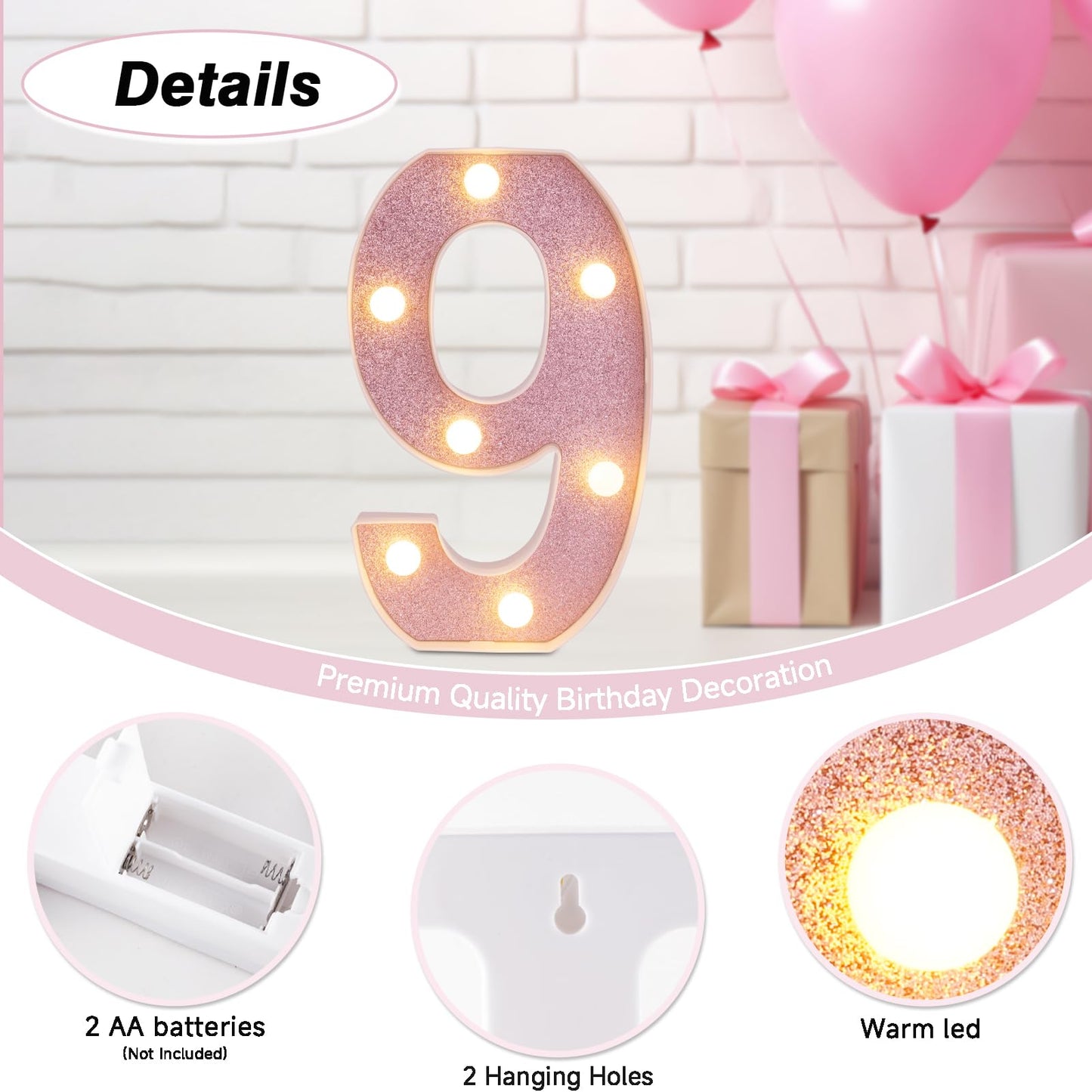 DyingSwan LED Marquee Number 9, 8.58 Inch Pink Glitter Light Up Decor, Battery Powered Plastic Night Light