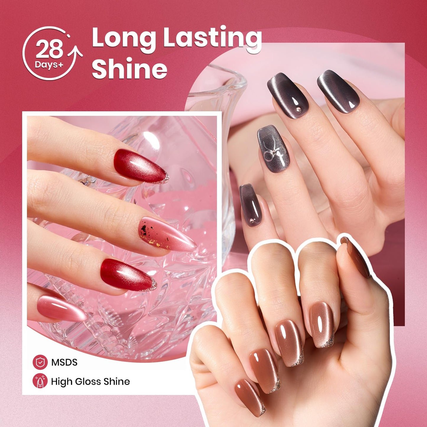 Beetles Cat Eye Gel Nail Polish Set - 6 Colors Silver Pink Red Brown Black Glitter Cat Eye Fall Gel Polish Kit Translucent Effec