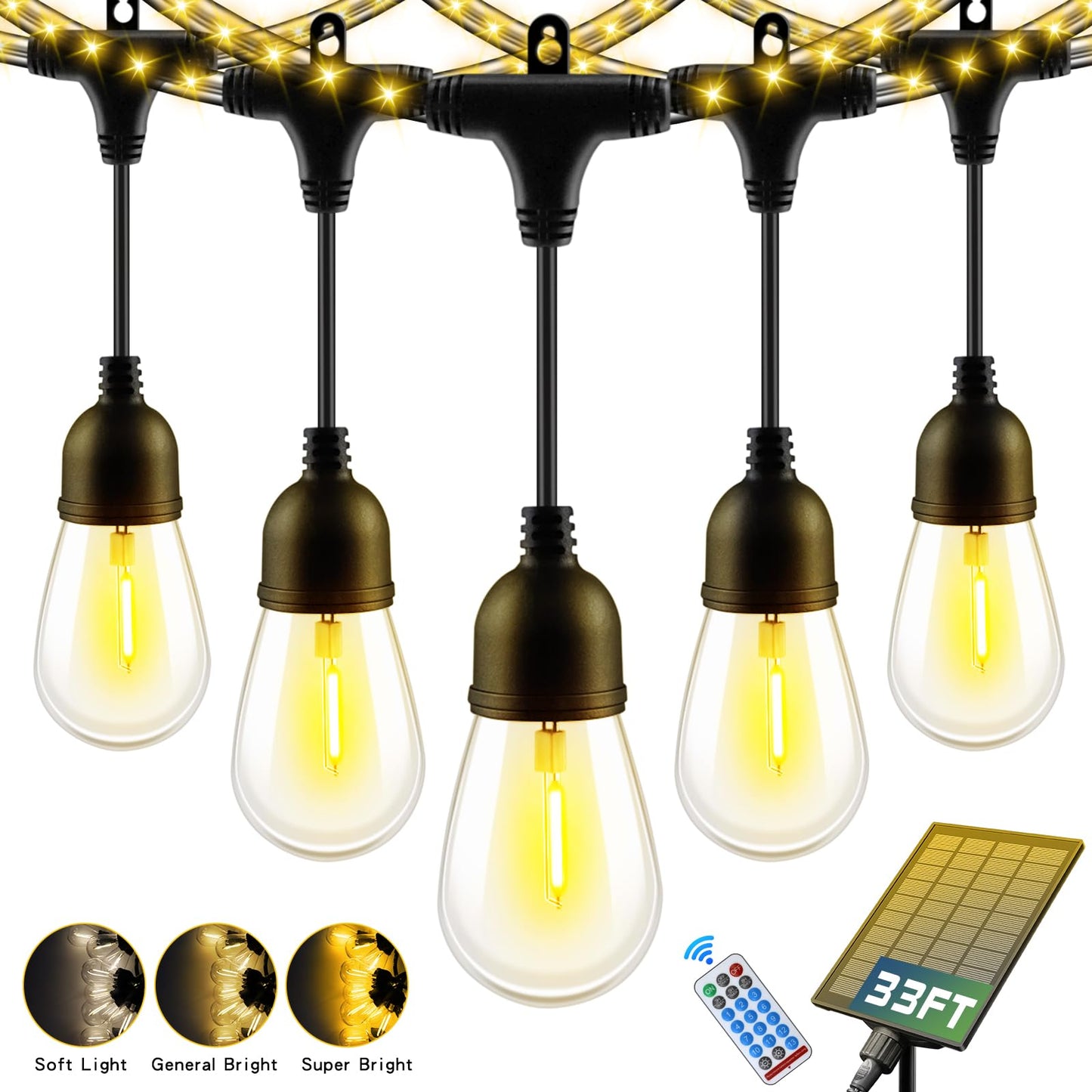 HONEYYEAR 33FT Outdoor Solar String Lights Waterproof with USB Port & Remote Control, Black, Model ZM-BR12L-1