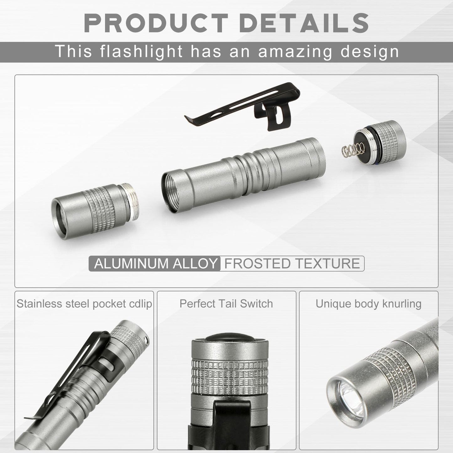 Hortsun Mini Pen Light Flashlights - 20 Pcs LED Handheld Torches, 3.54 Inch, Silver Gray, Aluminum, Pocket Size