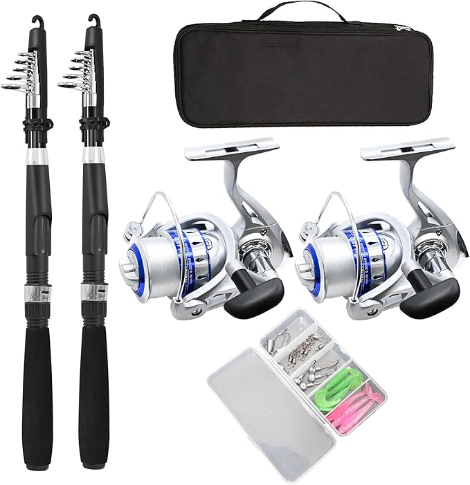 Fishing Pole Combo Set,2.1m/6.89ft 2PCS Collapsible Rods 2PCS Spinning Reels Lures Set Carrier Bag Carbon Fiber Telescopic...