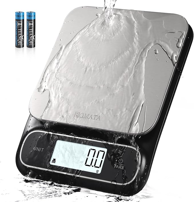 BOMATA Waterproof IPX6 Kitchen Scale, 0.1 g/0.01 oz High Precision, 5 kg/11 lbs, Digital Scale with Backlight, Stainless S...