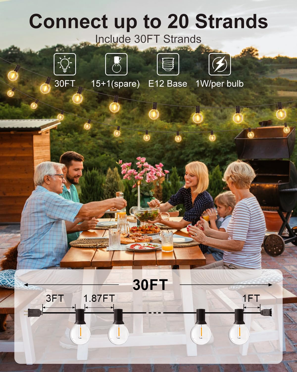 Gluroo Outdoor String Lights 30Ft Led Waterproof 15+1 Shatterproof Bulbs G40 Black Model O151 For Patio, Backyard, Camping, Garden