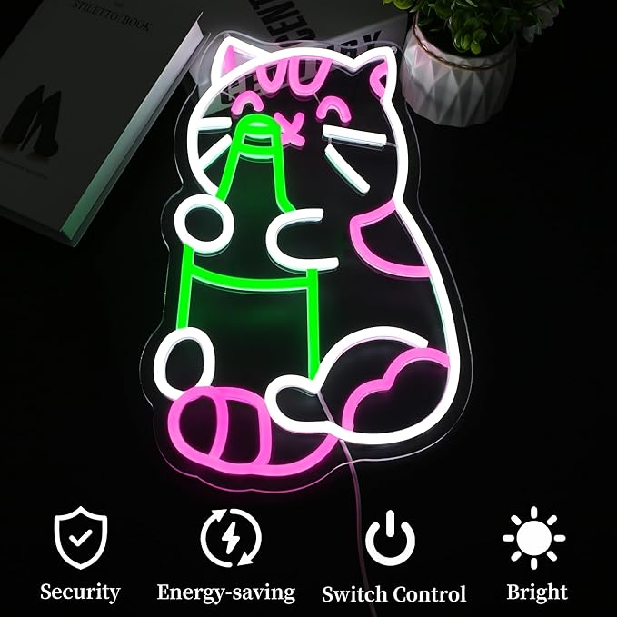 Cat Beer Neon Sign Led Neon Lights Neon Signs for Wall Decor Light Up Sign for Birthday Party Club Gift