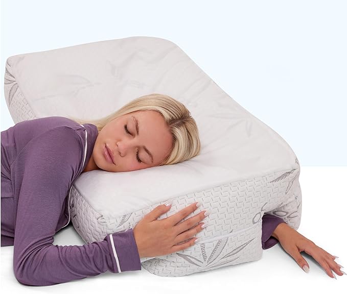 Medium Firm High Density Support. Orthopedic Arm Hole Slots for Relief of Shoulder & Neck Pain. Adjustable for Side, Back, Stomach Sleeper. Rayon Shell/Cooling Shredded Memory Foam