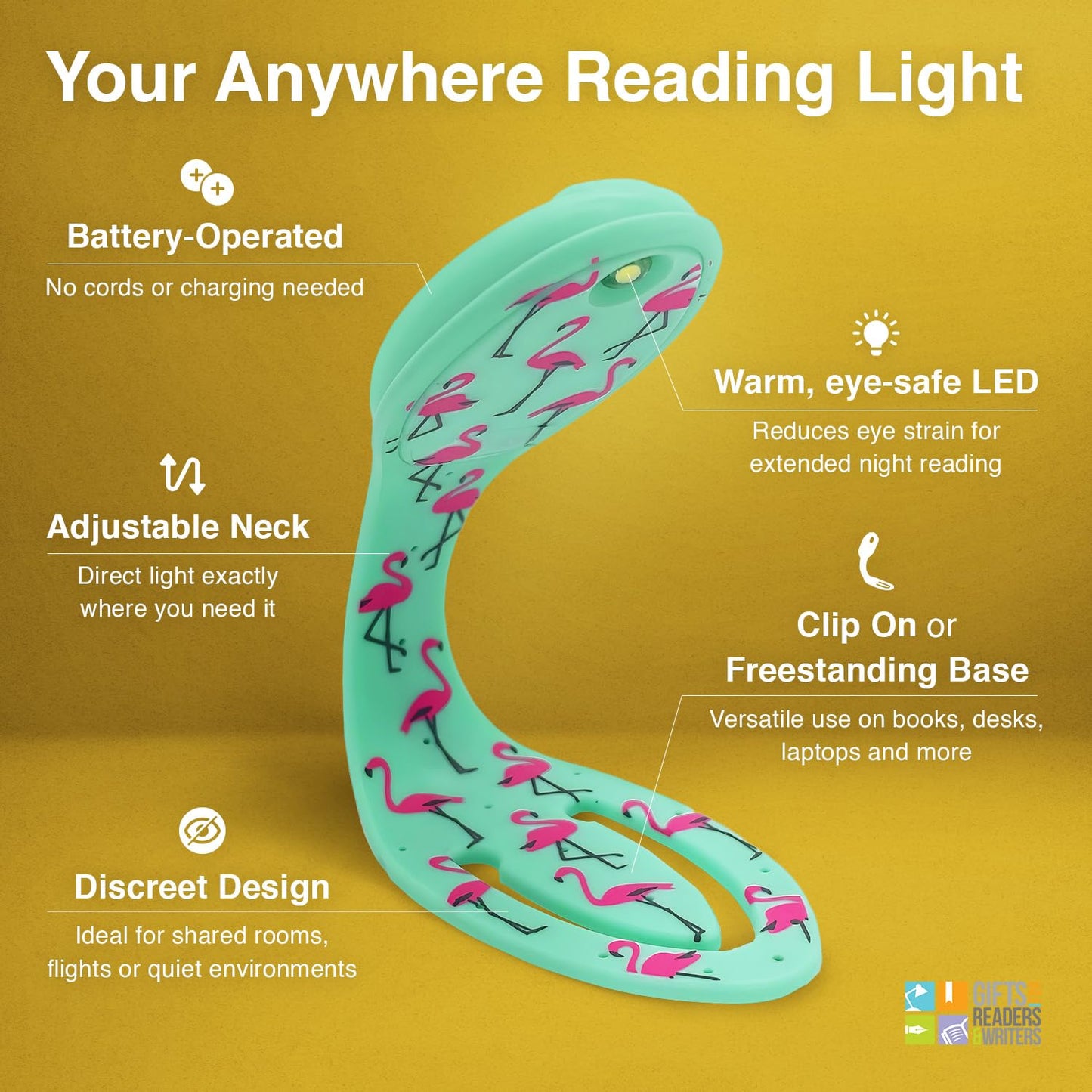 Gifts for Readers & Writers Flexilight Reading Light | LED Clip-On Bookmark Lamp | Battery Operated | Flamingo