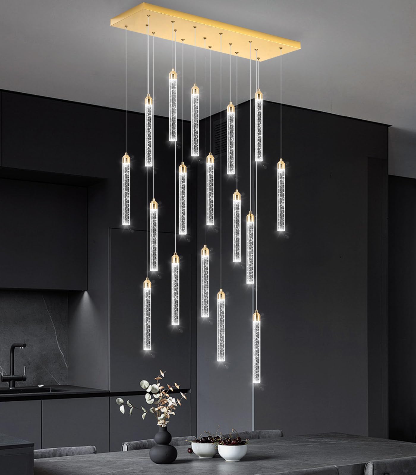 Rectangular Chandeliers 17-Lights Long Light For Entryway Led Dimmable Chandeliers Lighting Fixture Flat Sloped High Ceiling Pendant Lights Crystal For Living Room Foyer Hallway Staircase Gold