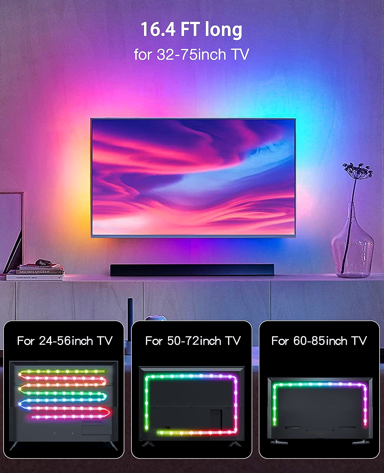 Daymeet RGB LED Backlight for TV, 16.4ft, Bluetooth APP Control, Sync with Music, Model XR-BT-10-5-US, Dreamcolor